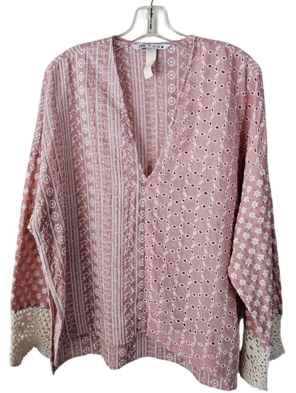 Zara Embroidered Tunic Top with Cream Crochet Trim